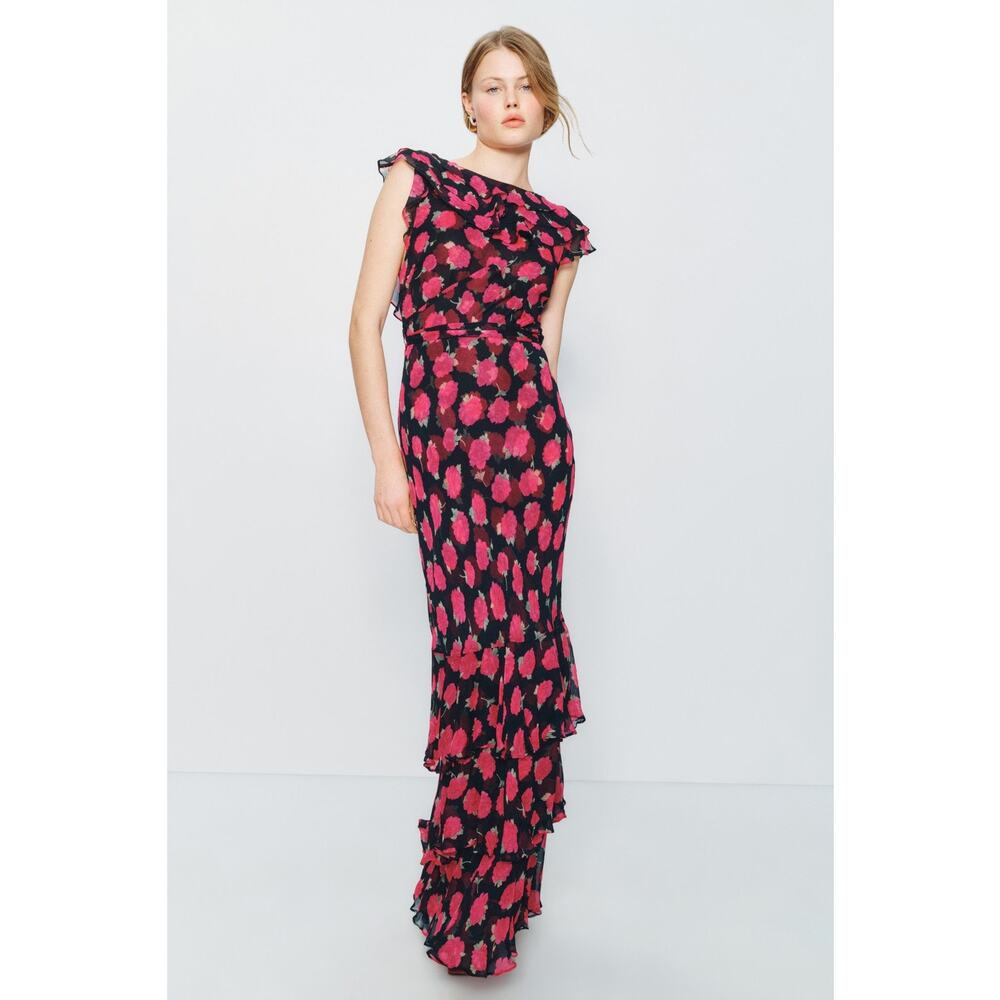 RIXO Black Maxi Dress with Pink Floral Print